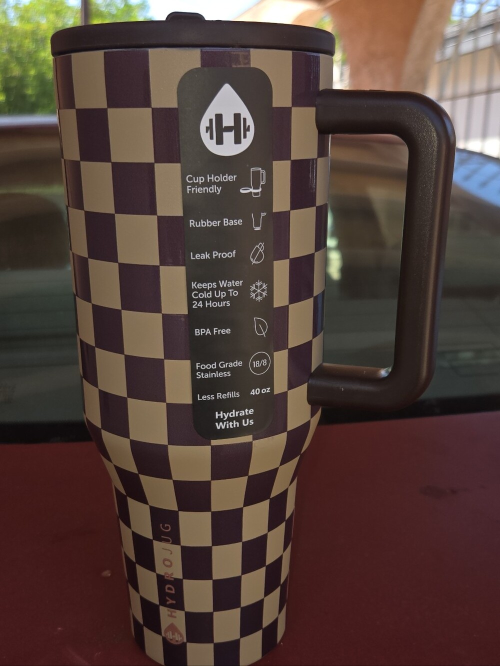 HydroJug Brown and Cream Checkered Insulated Travel Mug